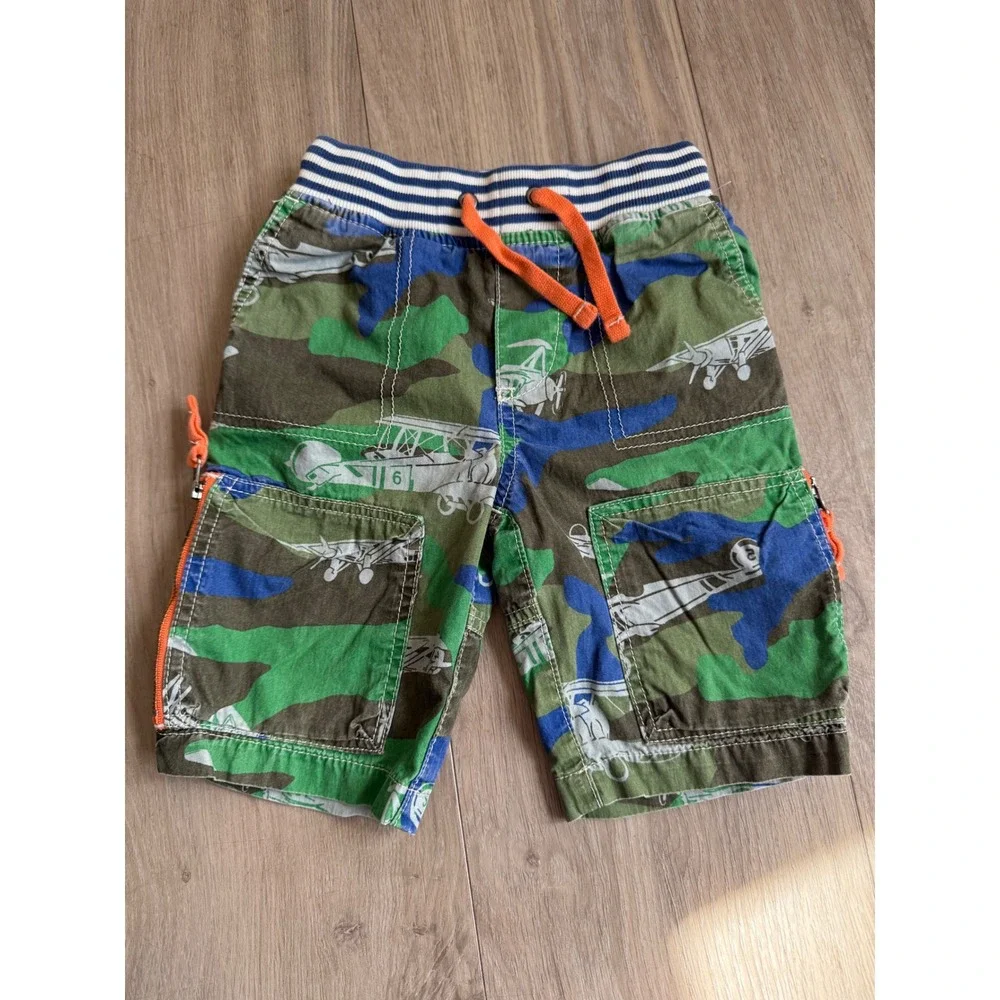 Mini Boden Boys Camo Airplane Cargo Shorts Green Blue Size 3Y Elastic Waist